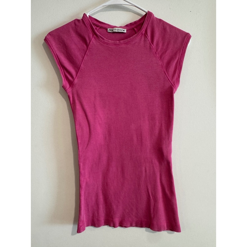 Pink Barbie Shirt y2k Zara Ribbed Cap Sleeve Top Womens XS Pink Raglan Seam